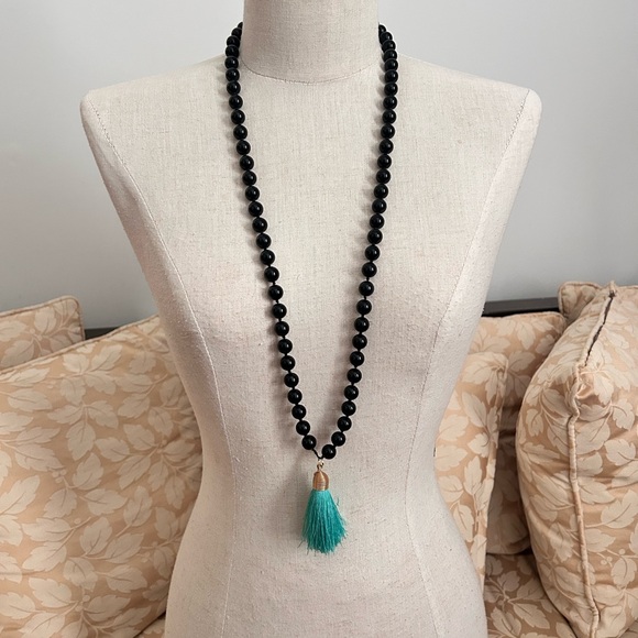 Unique Vintage Jewelry - Vintage Glass Black Beaded Necklace with Teal Tassel